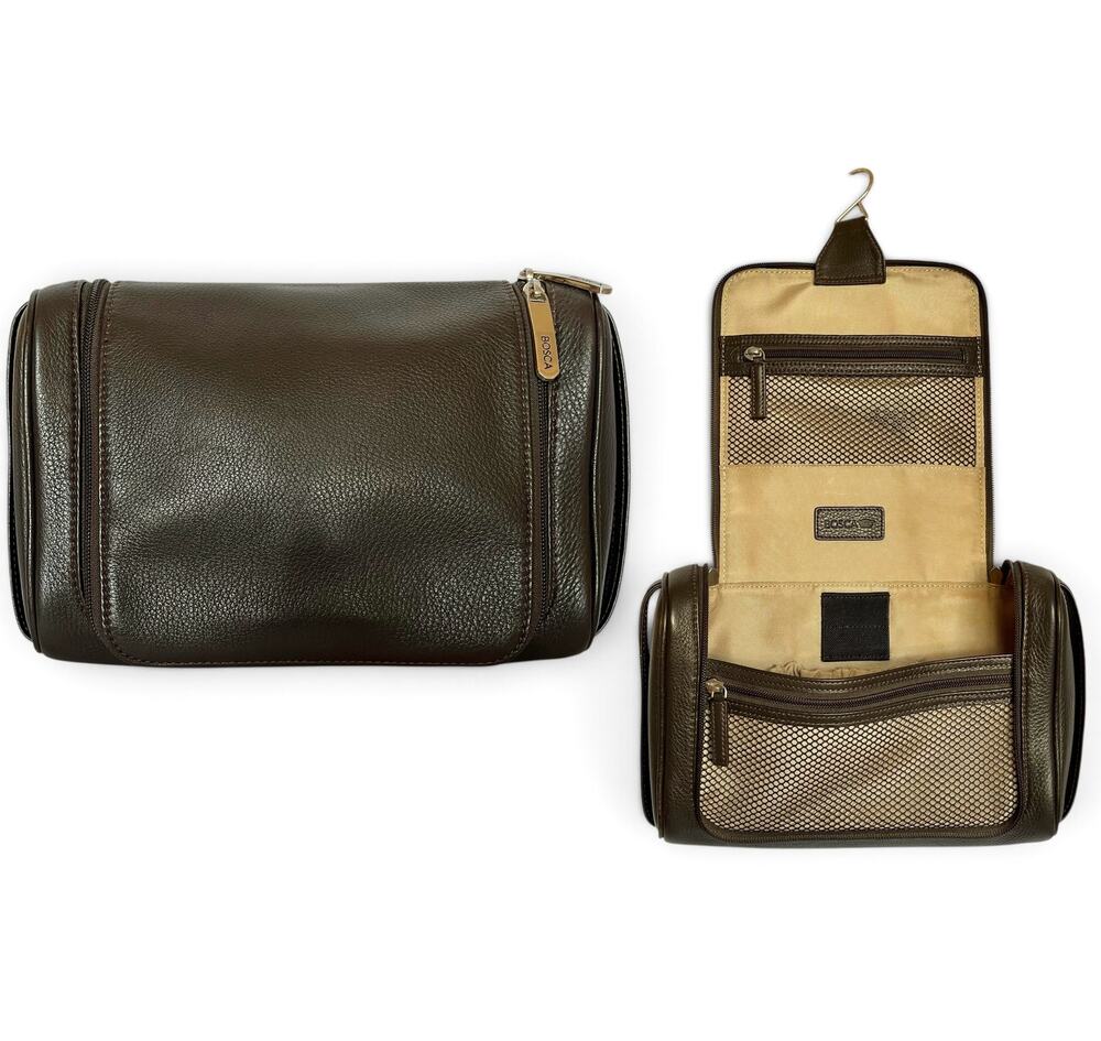 Bosca Tribeca Brown Pebbled Leather Hanging Shave Kit Toiletry Case Travel Bag